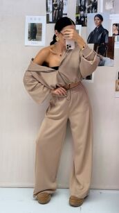 LA MILLA KOMPLET DRESOWY BLUZA Z ZAMKIEM + SPODNIE WIDE LEG BEŻ