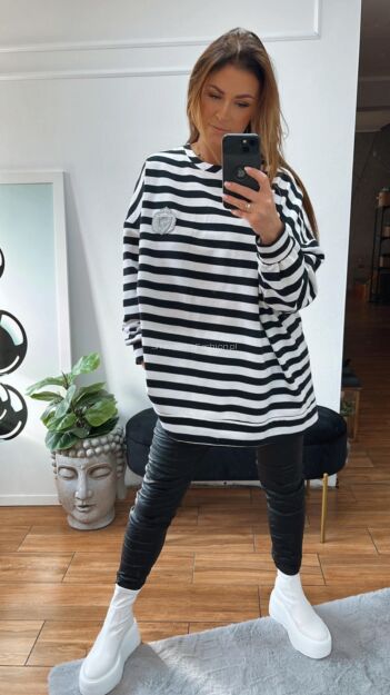 BY O LA LA! BLUZA W PASKI Z HERBEM BIAŁA/CZARNA