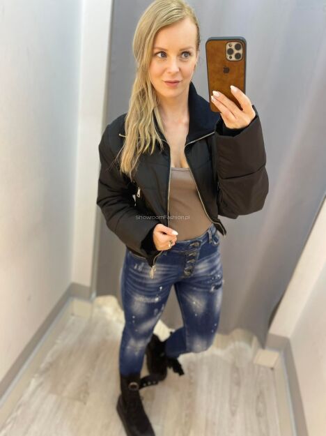 BY O LA LA! KURTKA BOMBER ODCINANY ŚCIĄGACZ CZARNA